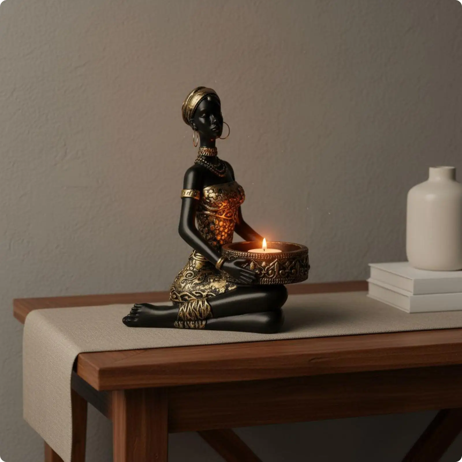 Black Woman Statue Storage Ornament Tabletop Display Tribal-Influenced Candle Holder Collectible African Woman Sculpture for