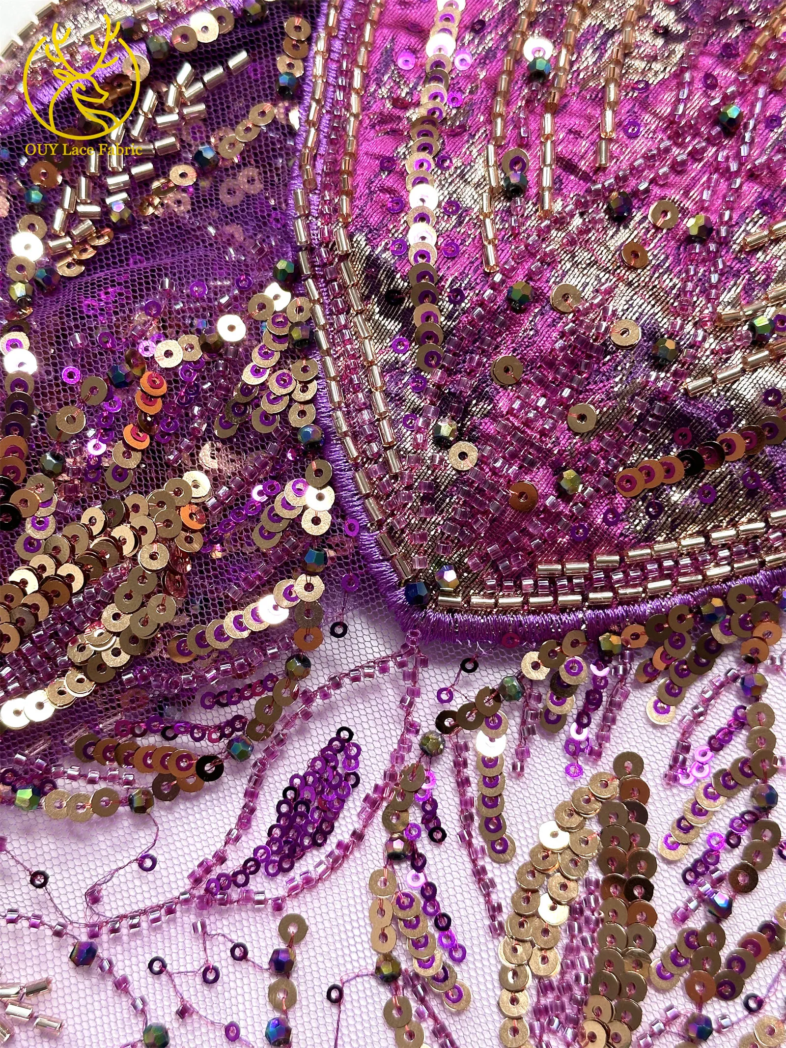 2026 Luxuriöser afrikanischer Chiffon-Spitzenstoff mit schweren Perlen, lila nigerianischer Pailletten-Spitzenstoff, geeignet für Damen-Partykleider – Detail 11