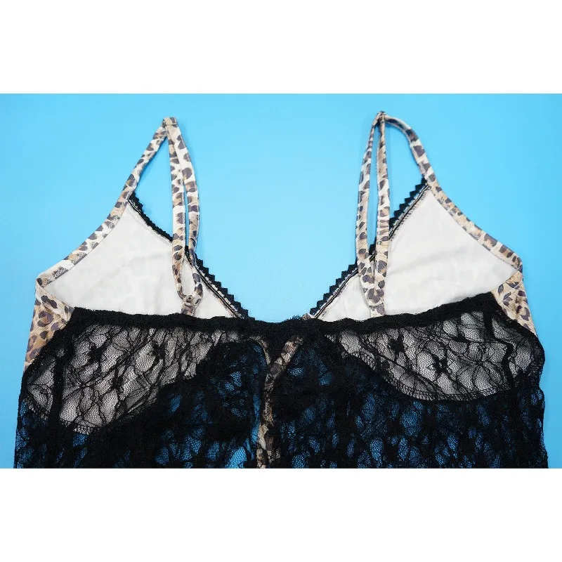 KEXU Fashion Robe longue sexy en dentelle transparente imprimé léopard pour femme avec bretelles et col en V profond avec mini-jupe