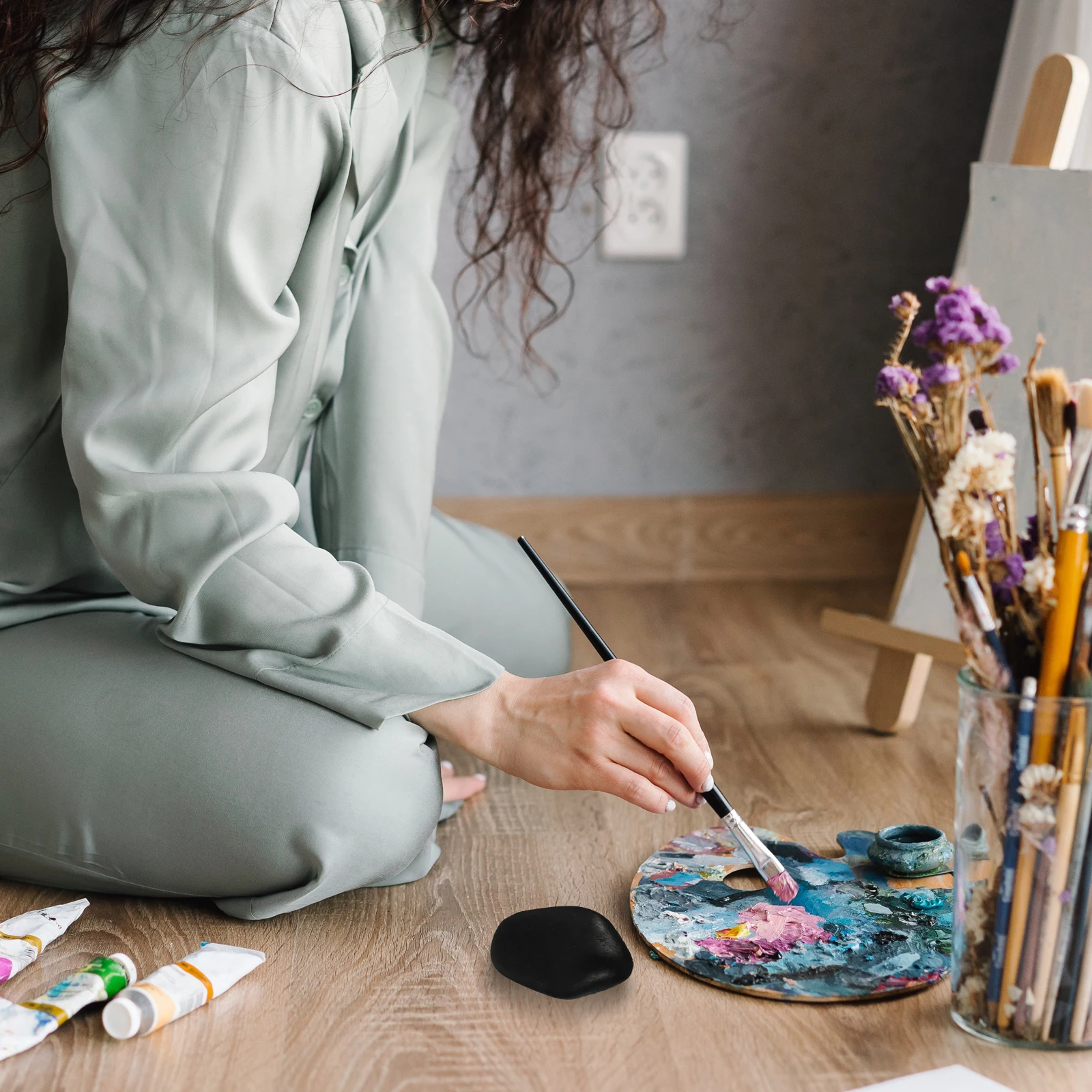 16 Pcs Stones Hand-painted Beach Pebbles Painting Rocks Kids Cactus Drawing For Kindness Black Toddler
