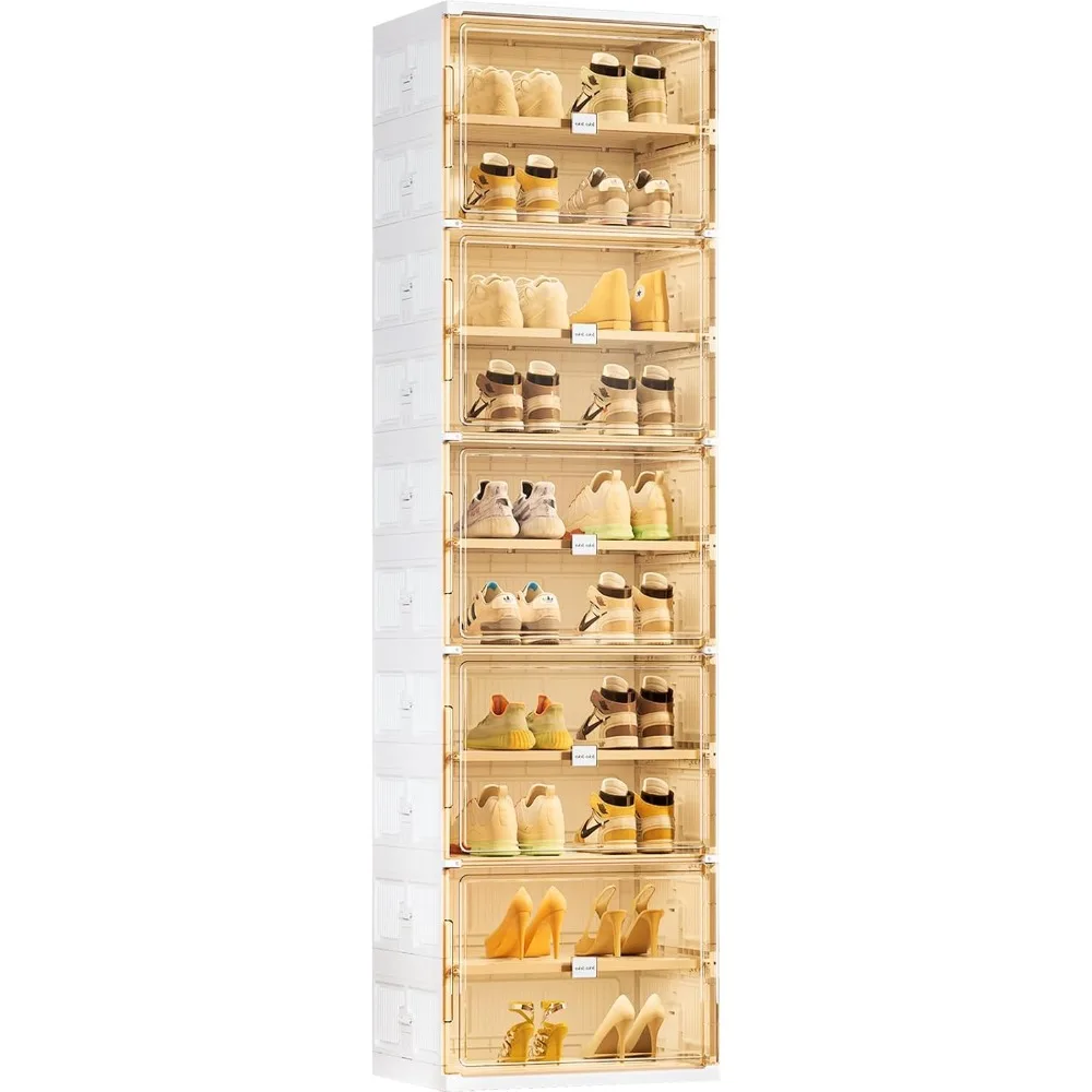 10-Tier Foldable Shoe Storage Box with Magnetic Doors, Large Stackable Shoe Organizer Cabinet for Entryway (White)