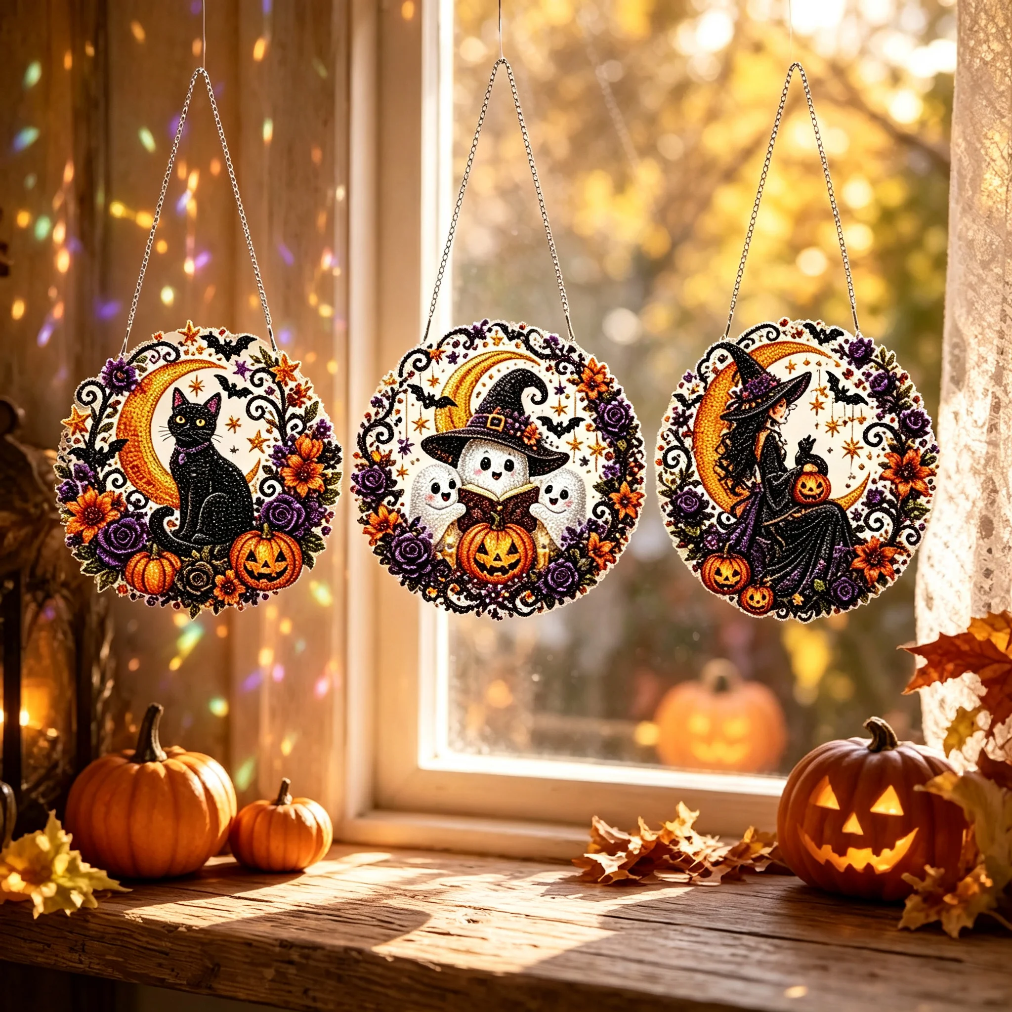 Halloween 5D Diamond Art Hanging Ornament Kit DoubleSide Diamond Drawing Craft DIY Hanging Pendant Window Decor for Home Holiday