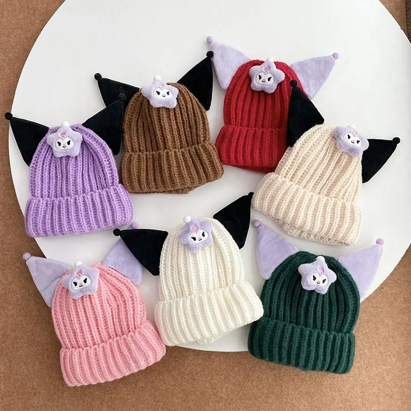 

Sweet Kuromi Anime Sanrio Ins Children Warm Hats Winter Cute Cartoon Kawaii Knitting Ear Muffs Cap Lovely Gifts for Kids