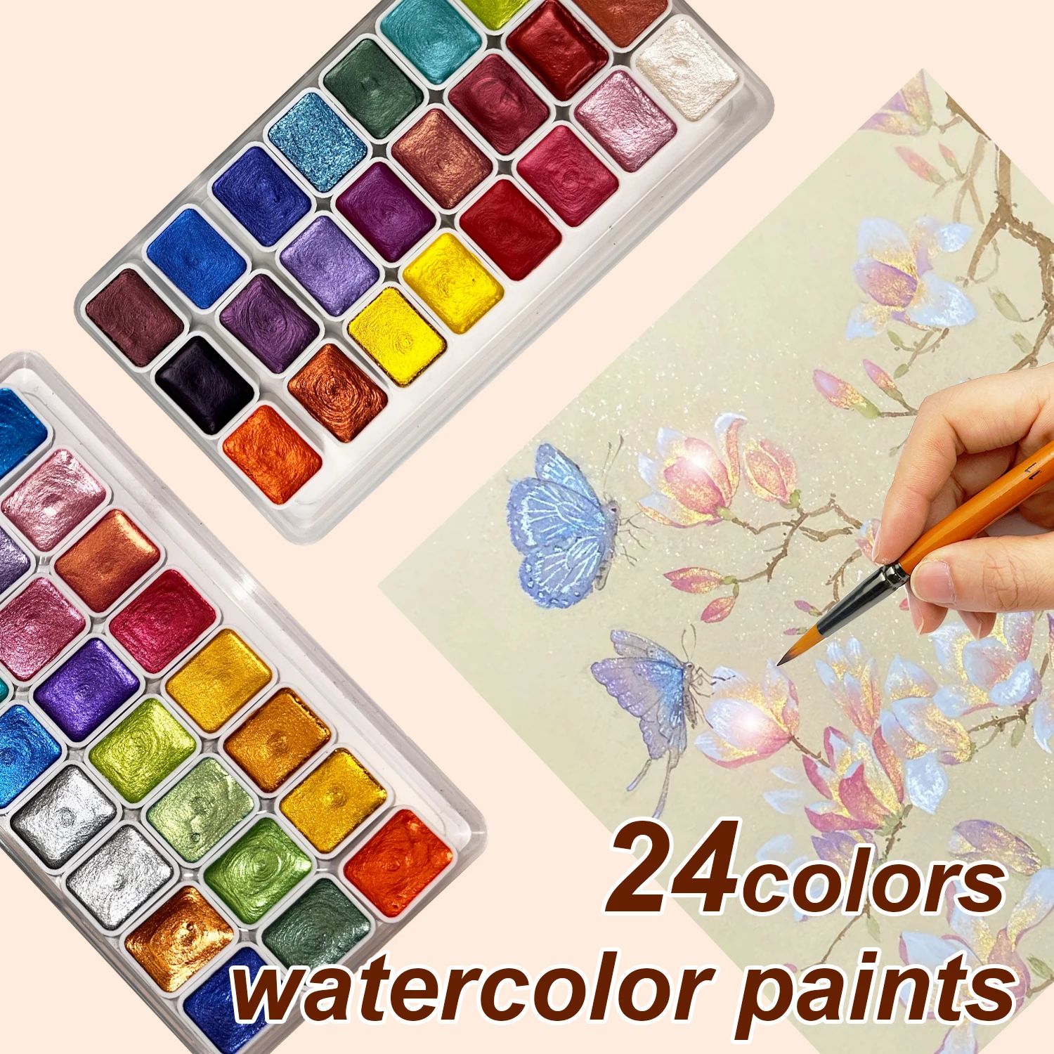 Watercolor Set, 24 Colors, Pearlescent Metal Solid Watercolor Paints, Suitable for Calligraphy and Painting, Nail Art, DIY Craft