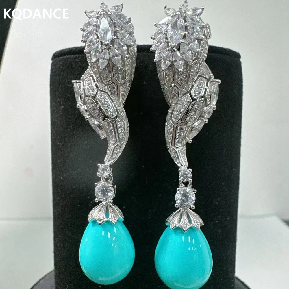 

KQDANCE Large Size Solid 925 Silver Carbon Diamond Blue Turquoise Gemstone Long Water Drop Earrings For Women Anniversary