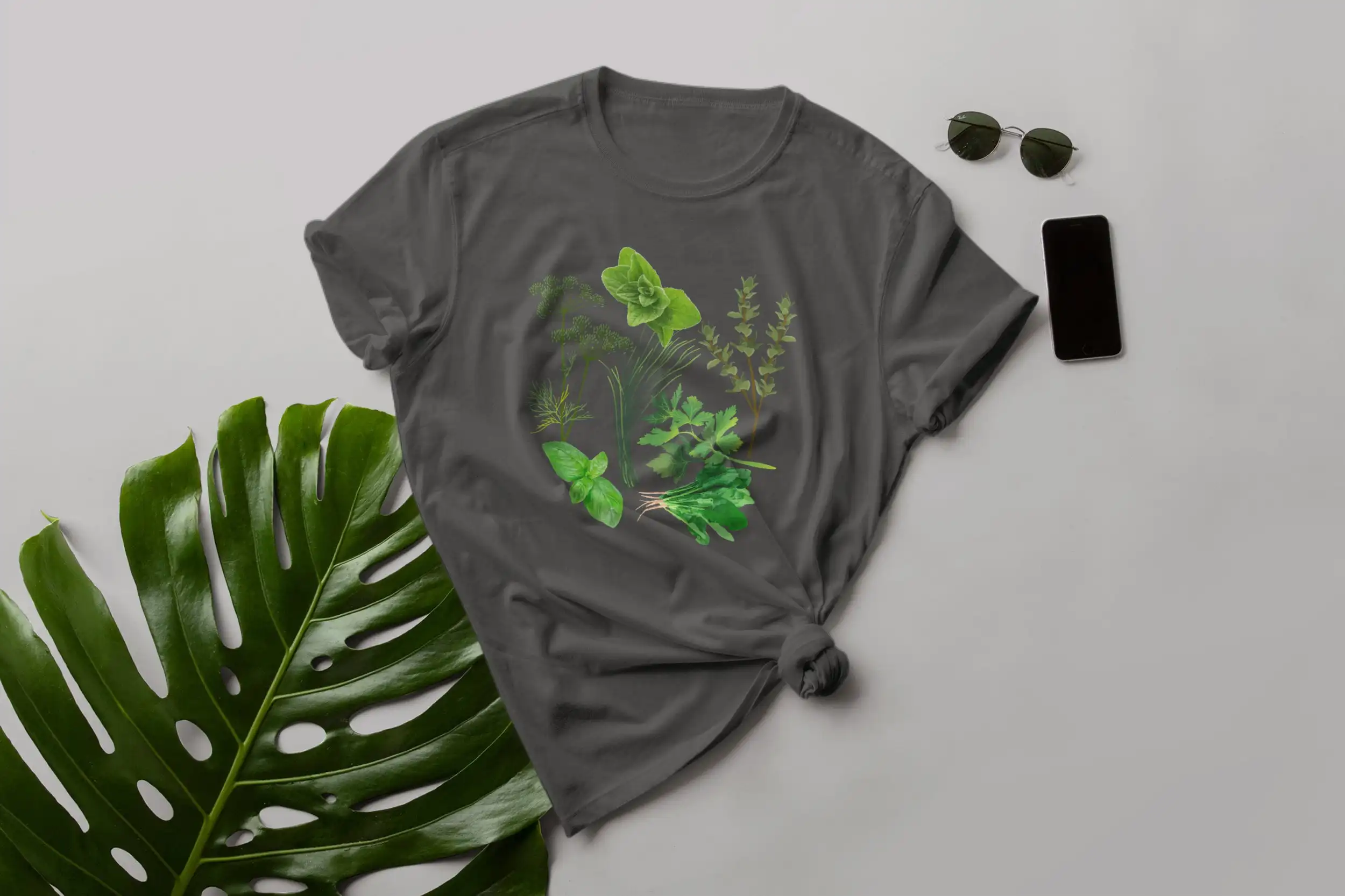 Cottagecore T Shirt For Women Or Men With Herbs Organic Cotton Top And Kitchen Motif Floral Green Plants