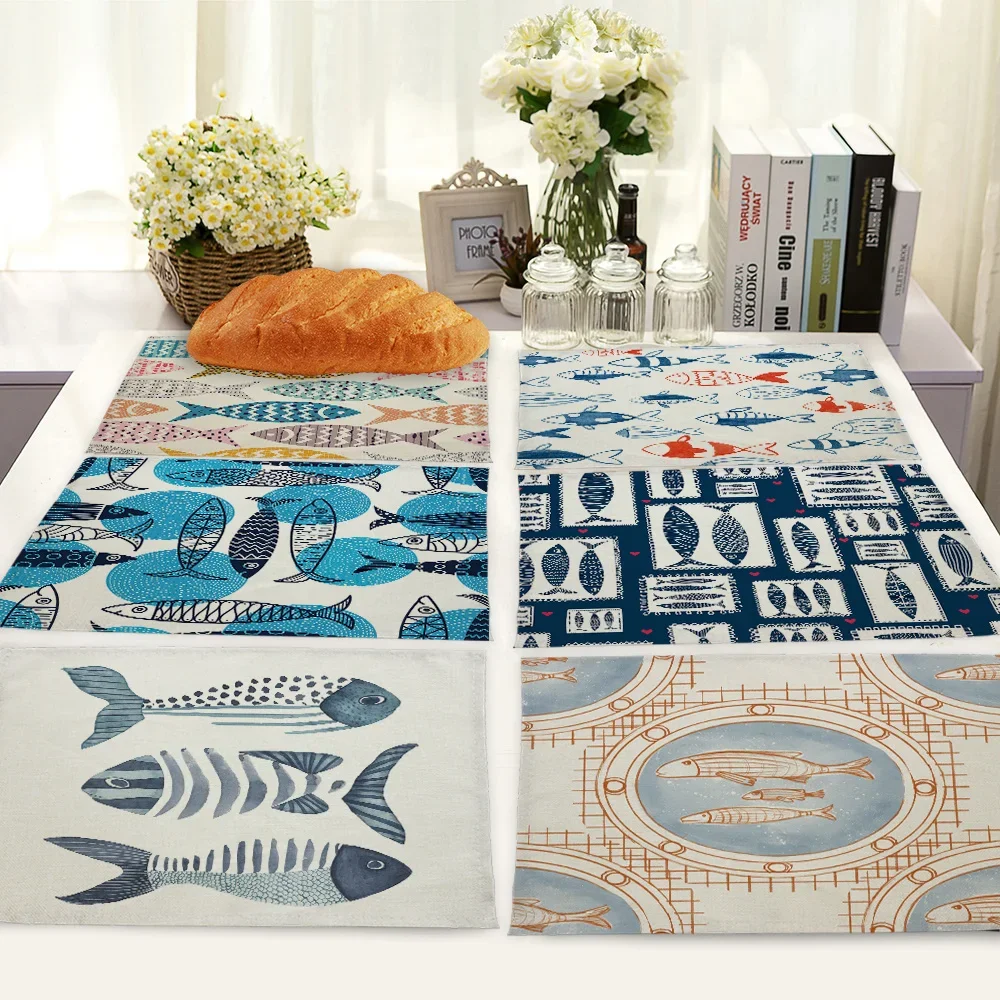 Fish Marine Life Shell Pattern Kitchen Placemat Linen Dining Table Mats Coaster Pad Bowl Cup Mat Fish Home Decor Table Napkins