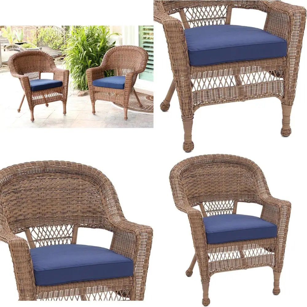 

Wicker Chairs with Blue Cushions, Pair, Honey Color