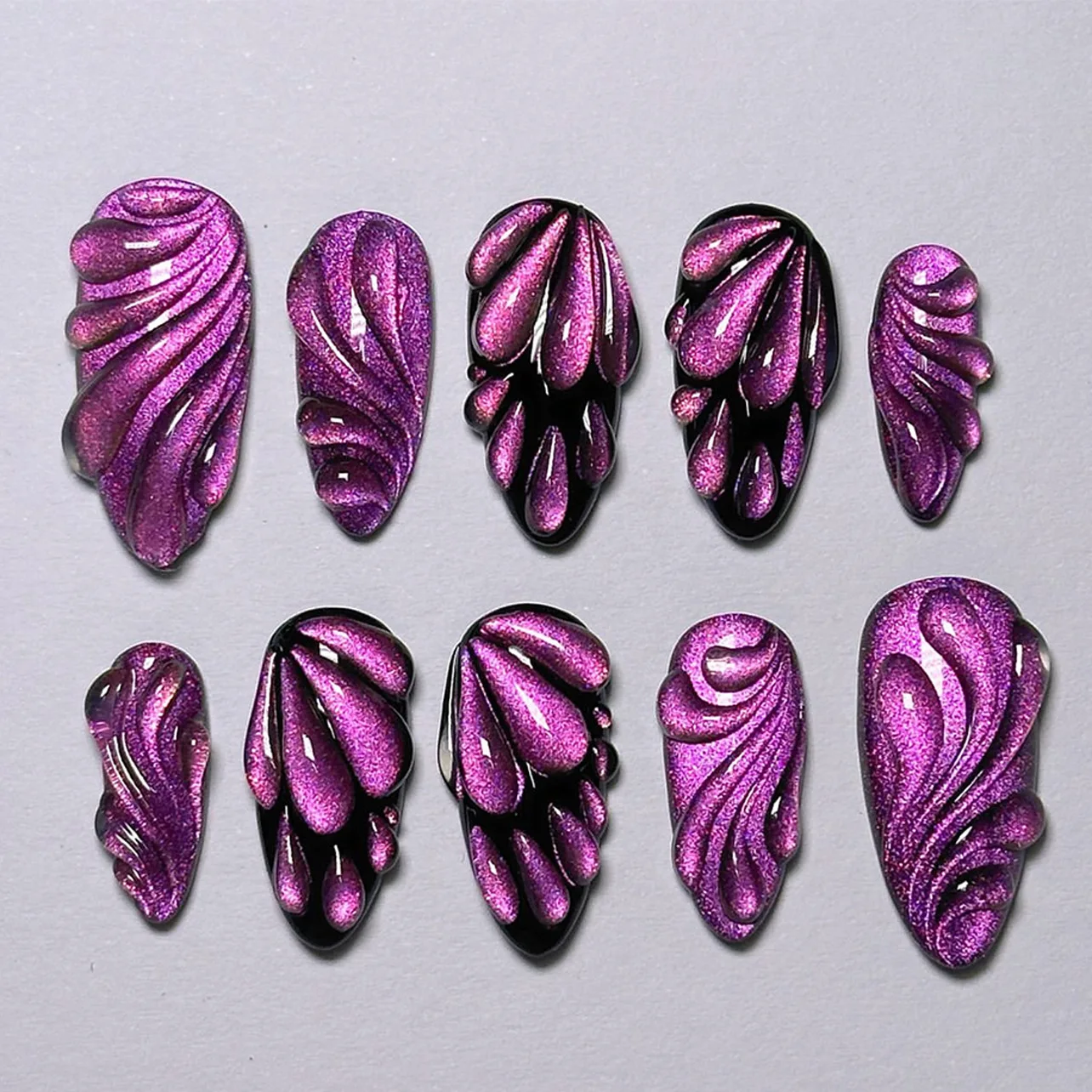 

24pcs Purple Full Cover Nail Tips Long Almond False Nails Art Water Drop Cat's Eye Design Fake Nail Sets Wearable Press on Nails