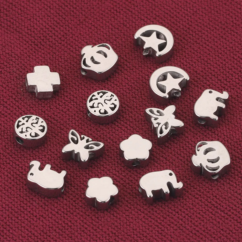 10Pcs/lot Hole 2mm Stainless Steel Crown Flower Butterfly Charms Spacer Beads for Needlework Jewelry Making Supplies Bracelets