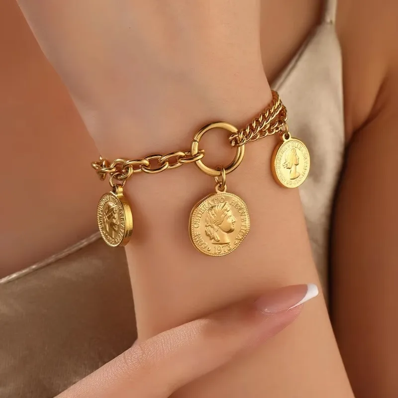 

Gold Coin Charm Bracelet, Vintage Roman Figure Statement Jewelry 316l Stainless Steel Carved Queen Coin Pendant Bracelet