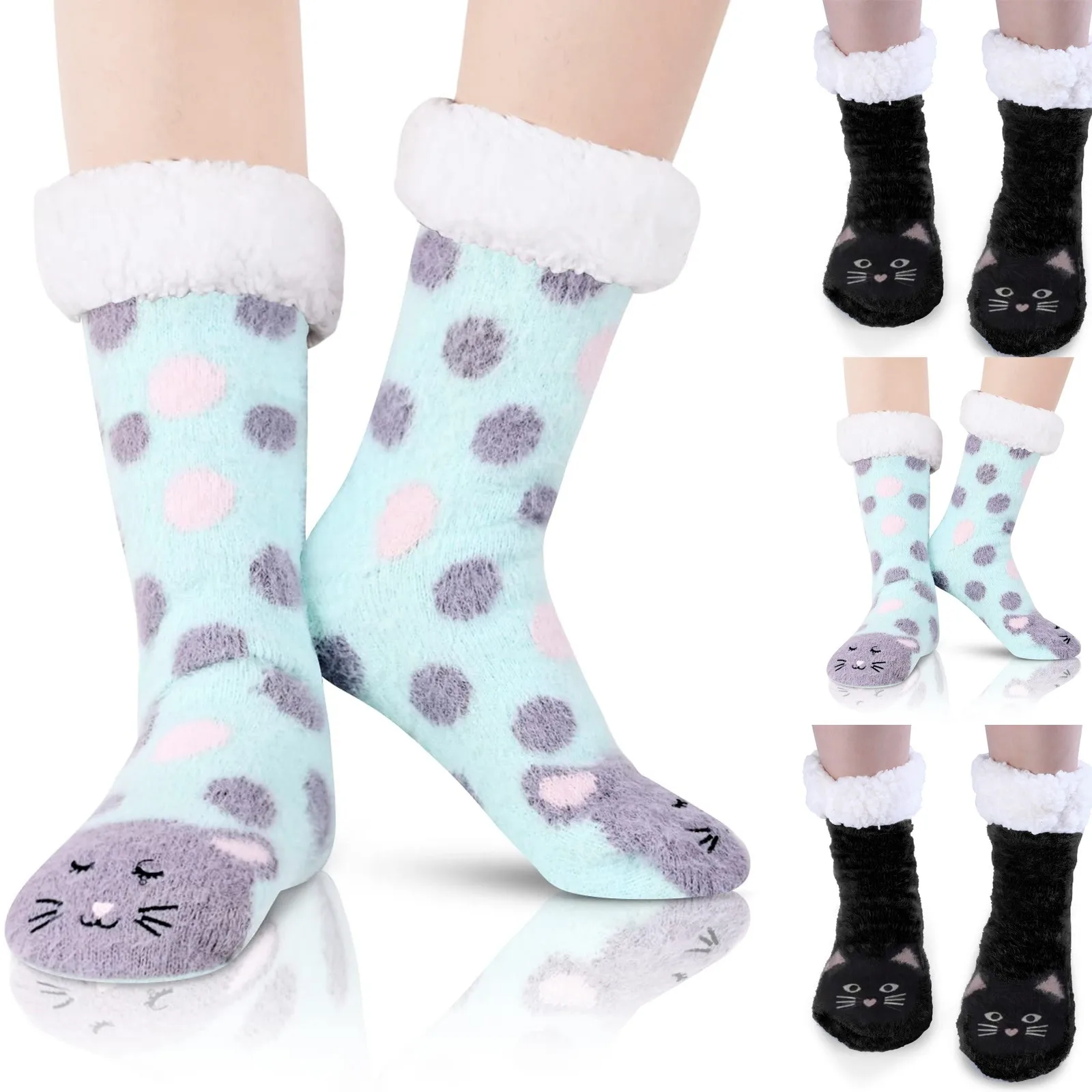 Fuzzy Slipper Socks Cozy Warm Cute Animal Cat Extra Large Sock Lime Dress Socks