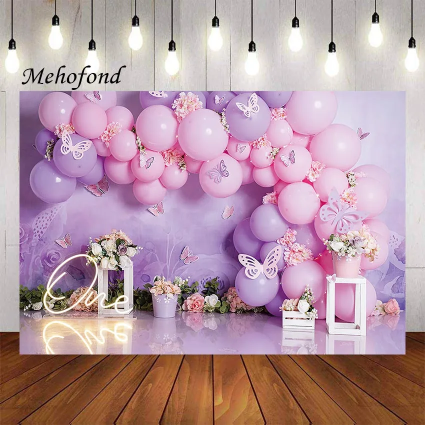 Mehofond Photography Background Purple Balloons Butterfly Wonderland Girl Birthday Party Cake Smash Decor Photo Backdrop Studio