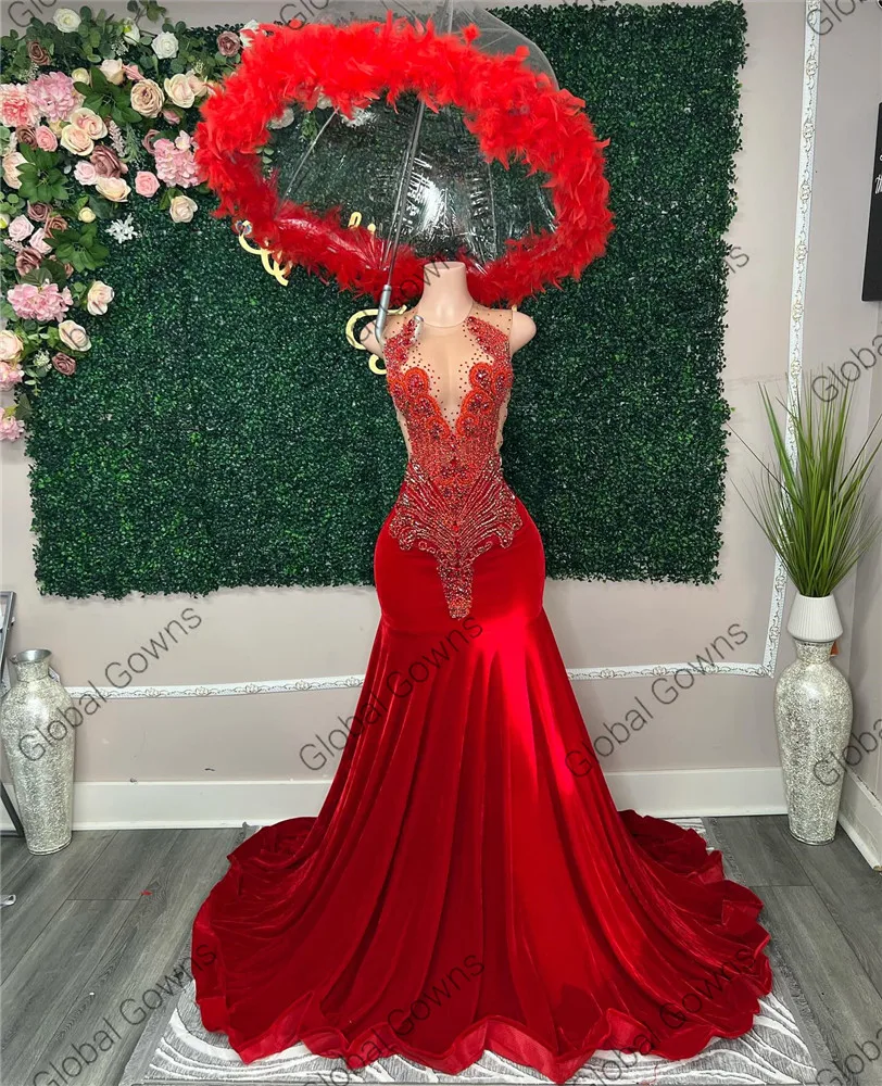 Luxury Red O Neck Long Prom Gowns For Black Girls Beaded Crystal Birthday Party Dresses Mermaid Evening Dress Robe Customized