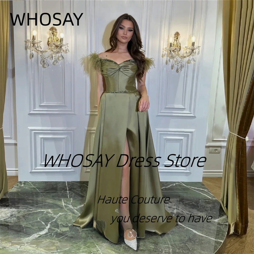 WHOSAY-vestidos de graduación con hombros descubiertos y plumas personalizados, fajín con cuentas, vestidos de noche para fiesta de cumpleaños con abertura lateral larga y fruncida