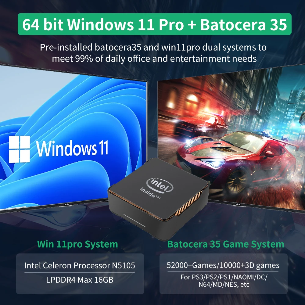 Imagem -03 - Intel Gaming Box Win 11 Pro e Batocera 35 Console de Videogame Retro 2t Hdd 52000 Mais Jogos 80 Mais Emuladores para Ps3 Ps2 Ps1 Wii N64