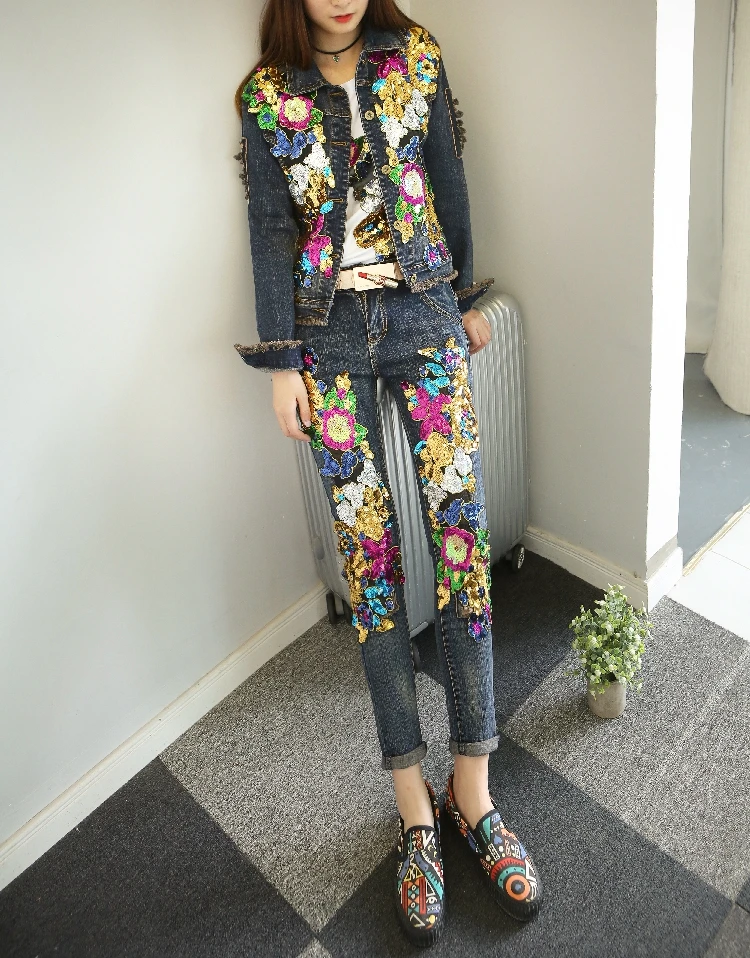 European Style Denim Suit Fashion Outfit Women New Flower Sequined Denim Jacket Short Jacket & Jeans Pants Two-Piece Set Female