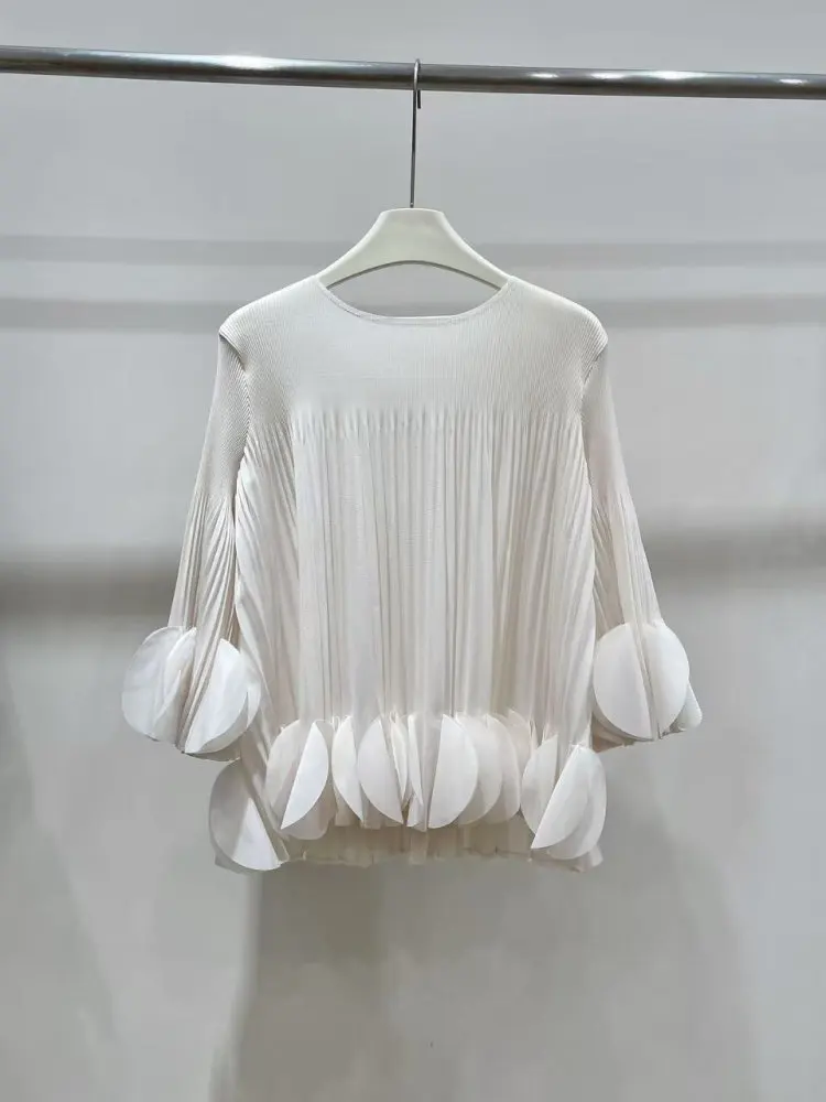 

Ele Chinese Sle Pleated Bell Sve Top High Quali Summer 2025 New Arrival Commute Simple Loose Fit round Ne ort ...
