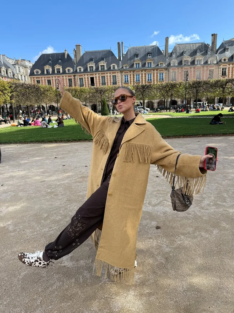 Women Camel Fringe Maxi Coat Wool Blend Lapel Collar Oversized Silky Loose Fit Trendy Fall Winter Photo Ready Street Outerwear