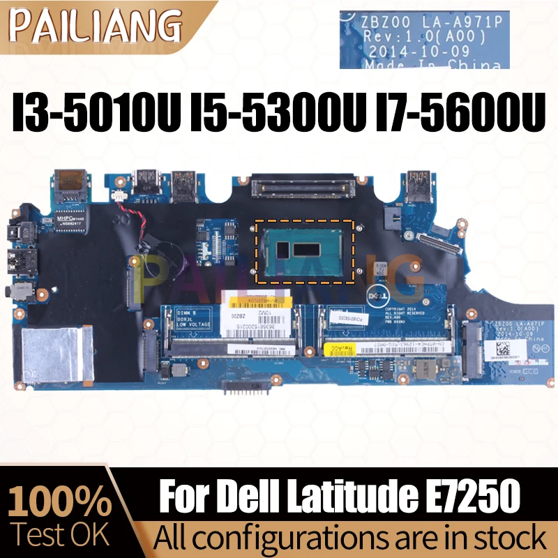 For DELL Latitude E7250 Notebook Mainboard LA-A971P I3-5010U I5-5300U I7-5600U 02PVP8 0G9CNK Laptop Motherboard Full Tested