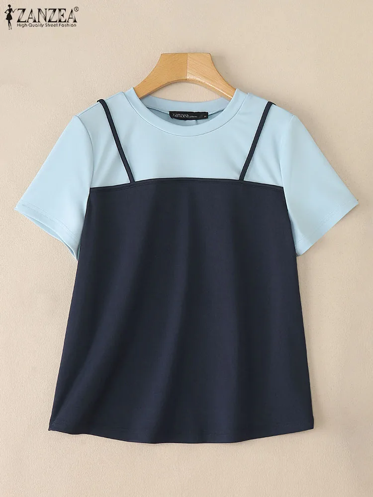 

ZANZEA Women Summer Fake Two Piece Blouses Short Sleeve Patchwork Tops Casual Work Shirt Korean Female Holiday Blusas Oversize