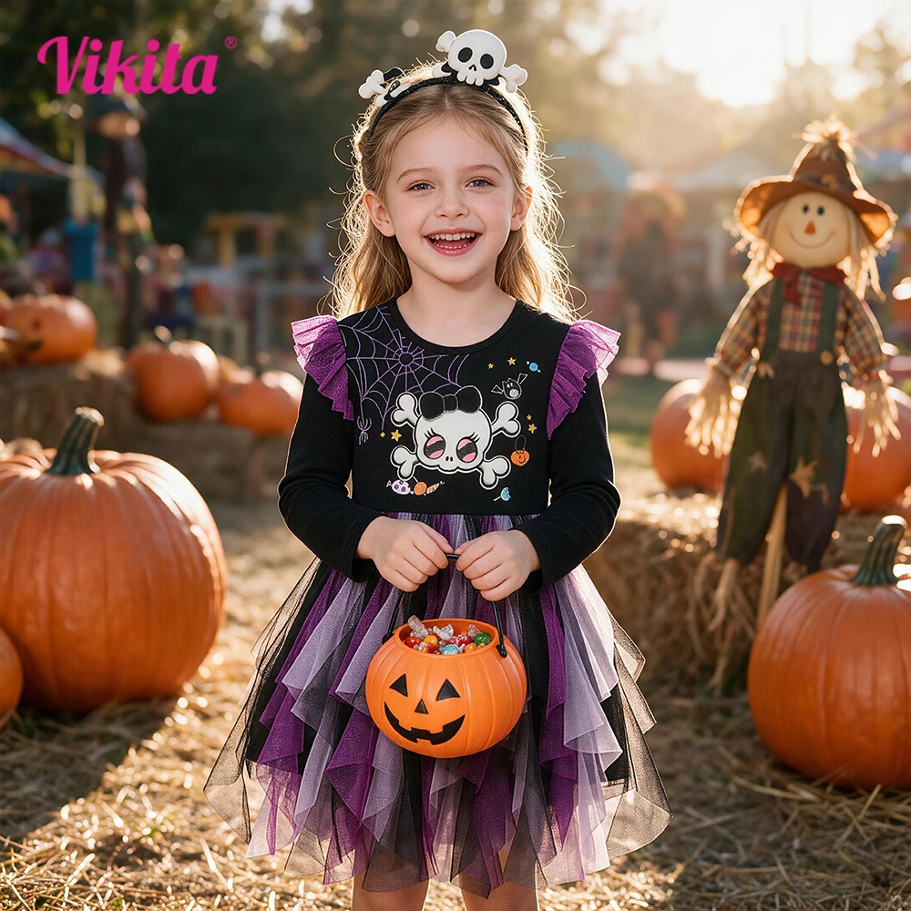 VIKITA Kids Halloween Holiday Cosplay Costumes Girls Spider Skull Print Flare Sleeve Autumn Winter Princess Mesh Tutu Dresses