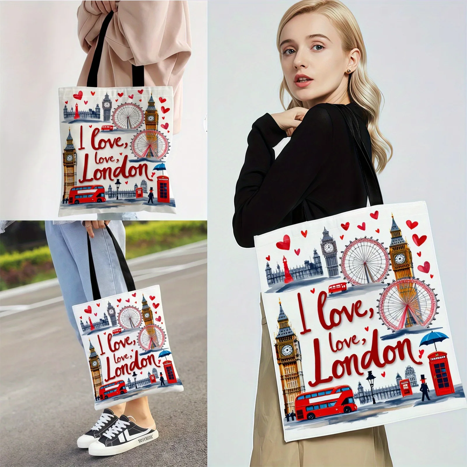London Scenery Bus Pattern Print Casual Tote Bag, Reusable Fashion Multifunctional Handbag Beach Bag Printed Shopping Bag