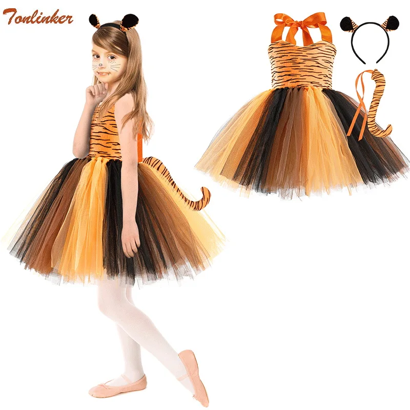 

Halloween Child Animal Cosplay Costume Girls Tiger Nylon Mesh Tutu Dress Headdress Tail Set Kids Birthday Party Fancy Dresses