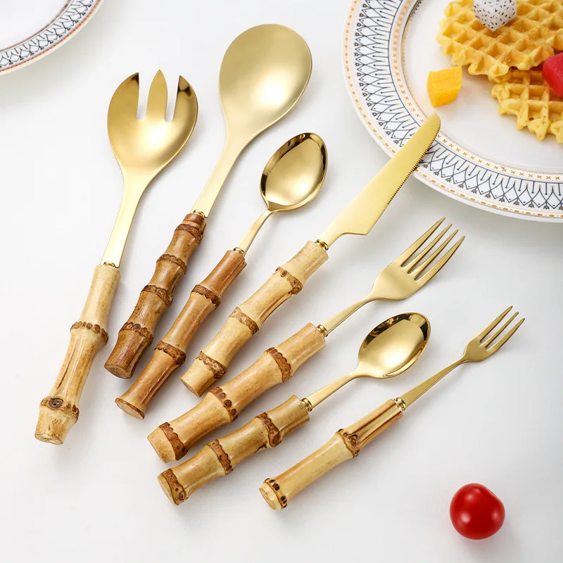 Bamboo Handle Stainless Steel Tableware Western Tableware Steak Knife Fork Spoon Set Includes Dessert Spoon Forks Household