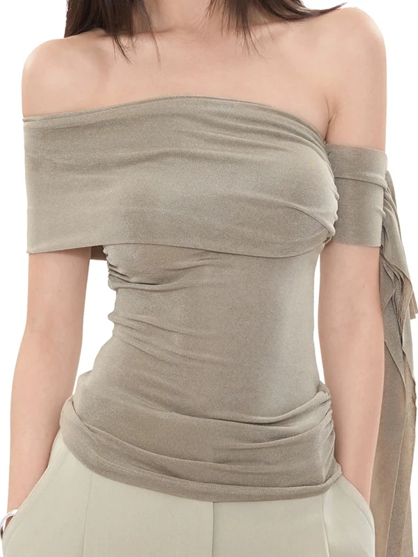 Women's Summer Irregualr Ribbon Sleeve Off Shoulder Slim Tank Top Lady Sexy Slash Neck Solid Color High Street Tank Top