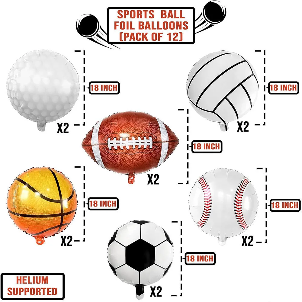 12 Pack, Polyester Film Sports Balloons All Sports Birthday Party Decoration Football, Golf Balloons, Football Balloons, Basketball Balloons