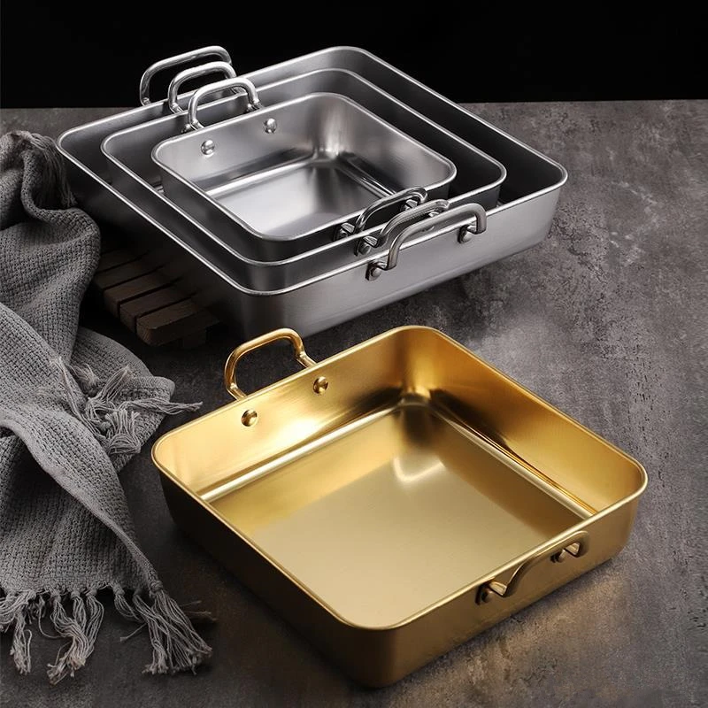 Stainless Steel Square Food Storage Serving Trays with Handle Tiramisu Snack Pan Kitchen Fruit Vegetable Plate BBQ Flat Dish