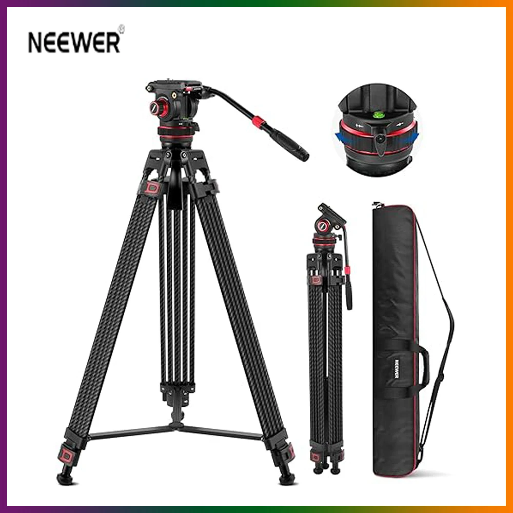 NEEWER TP76 Pro Video Tripod Carbon Fiber with Fluid Head Adjustable 360° Pan & 145° Tilt Damping, DSLR Camera Tripod Heavy