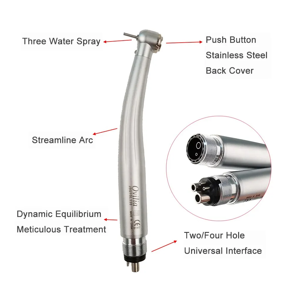 Dental LED High Speed Handpiece Standard Head Push Button Three Water Spray E-generator Air Turbine 2/4 Holes Dentistry Tool