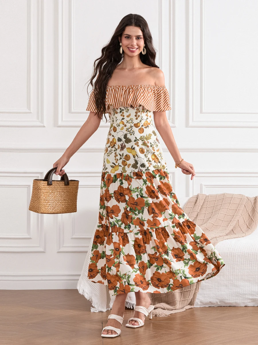 Women Off-shoulder Dress Sleeveless Striped Fruit Flower Print Cocktail Dress Summer  Long Dress