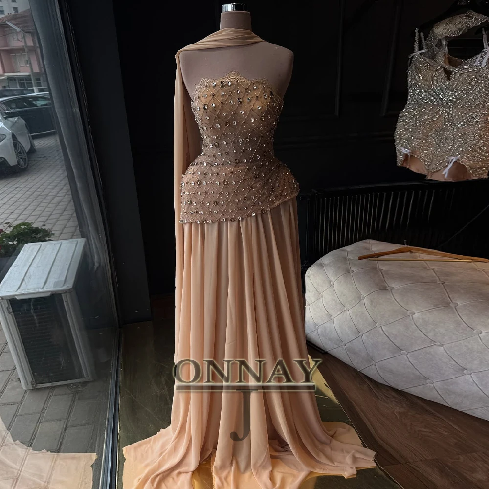 فساتين لحضور الحفلات الموسيقية بدون حمالات سباركلي مخصصة ذات ثنيات مطرزة وشاح ألين للنساء حفل الكويت مفصل فيستدوس دي فييستا #1