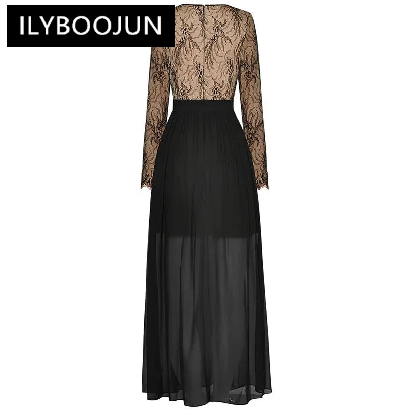 ILYBOOJUN Autumn Fashion Runway Vintage Mesh Spliced Dress Women O Neck Long Sleeve Beading Appliques High Waist Slim Long Dress