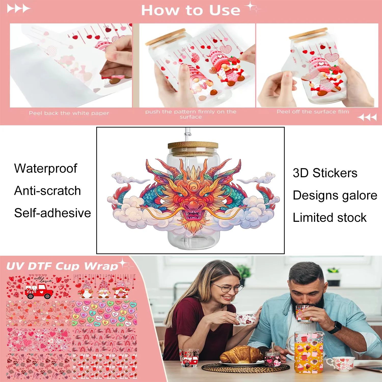 Mixed Colorful Baby Dragons With Flower UV DTF Cup Wraps For 16oz Libbey Cup Cartoon Loong Pattern 3D Stickers DIY Decals Wraps