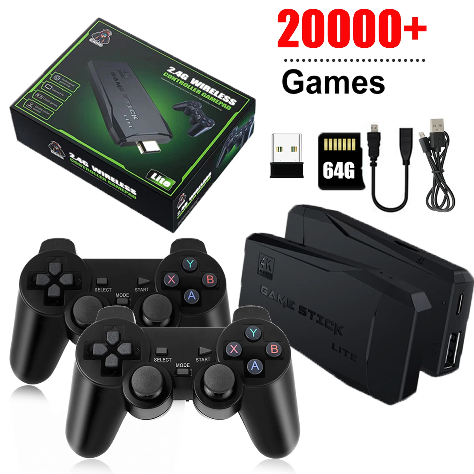 Consola de videojuegos integrada, más de 20000 juegos, reproductor de juegos portátil Retro, 64G, 4K, TV Game Stick, mando inalámbrico de 2,4G