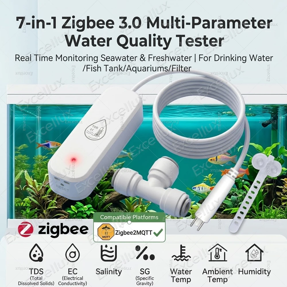 7-in-1 Zigbee Wasserqualitätstester Temperatur- und Feuchtigkeitssensor mit TDS EC SG Temp Salinitätsmessgerät Sonde für Home Assistant 2MQTT
