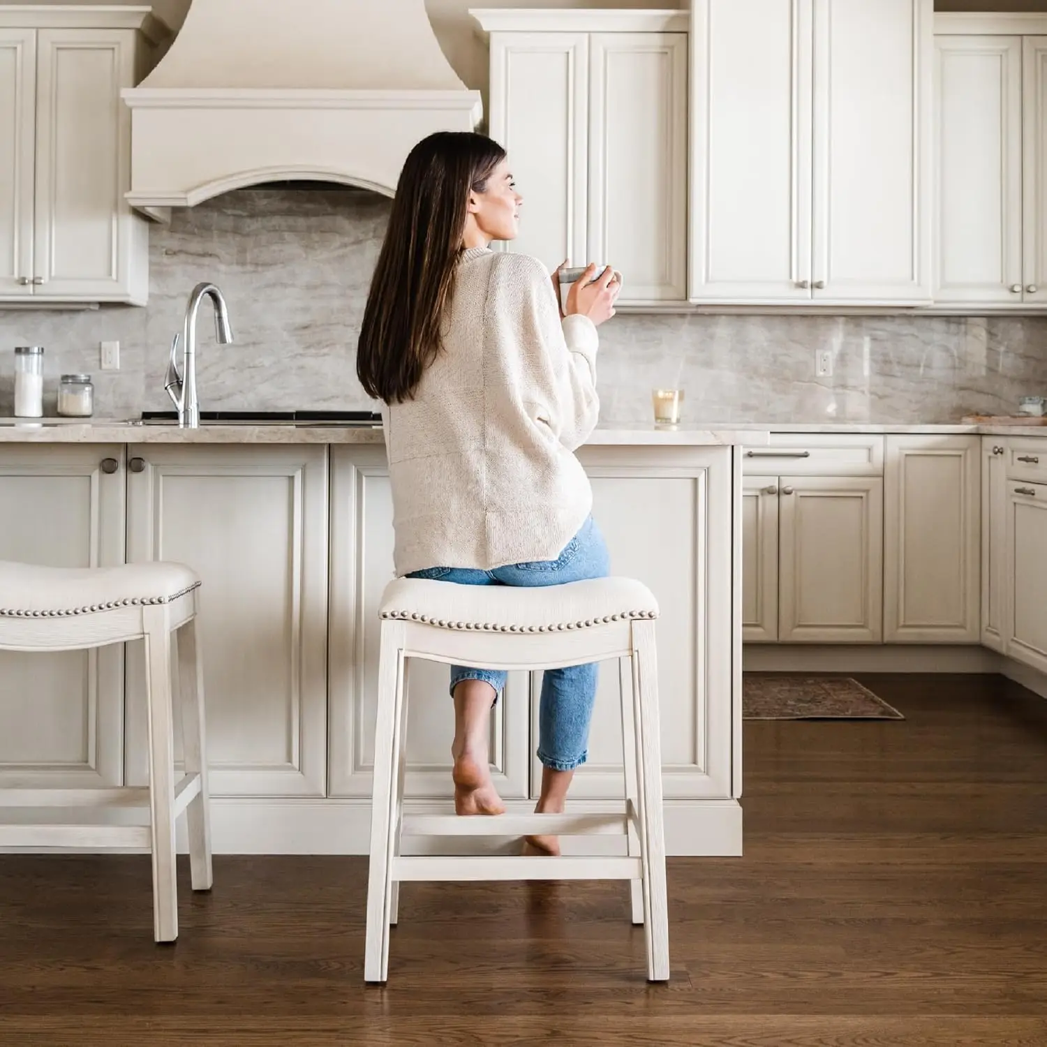 Backless Counter Stool – 26 Inches – Saddle Stool With Footrest – Cream Solid Wood Frame & Natural Fabric Upholstery