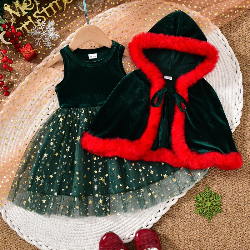 Baby Girl Christmas Red Velvet Star Romper Dress Cape Set Newborn Infant Toddler Holiday Outfit Clothes for Party
