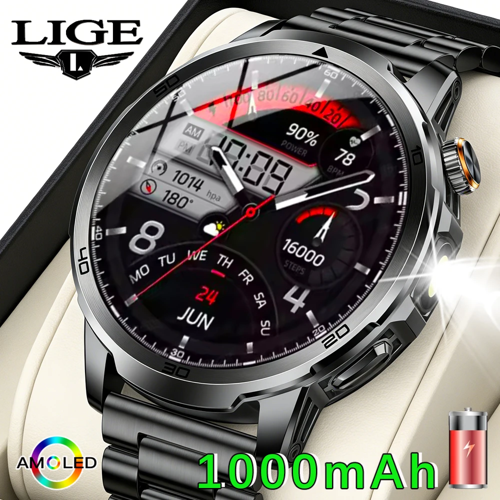 

LIGE Military 1000mAh Battery Men Smart Watch LED Flashlight SOS Red Light IP68 Waterproof Bluetooth Call Men Sports Smartwatch