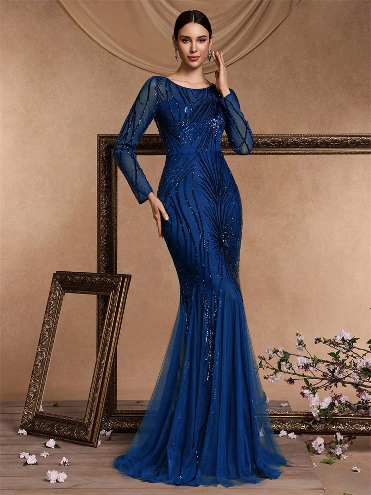 فساتين سهرة أنيقة بأكمام طويلة ترتر أزرق 2025 للنساء حورية البحر حفلة رسمية ماكسي فستان حفلة موسيقية كوكتيل فساتين التخرج
