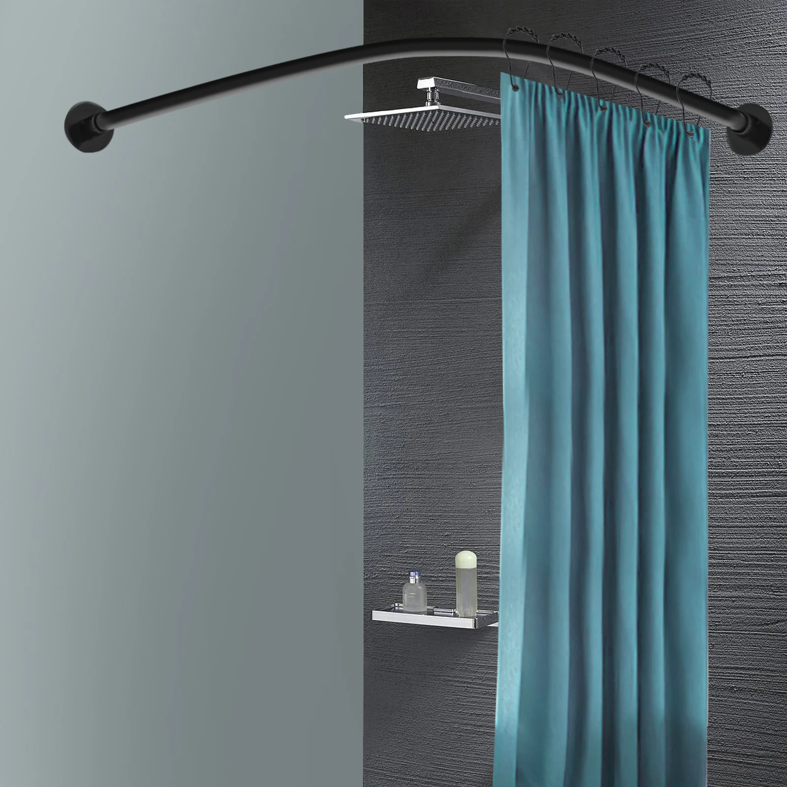 

Shower Curtain Rail L Shape No Drilling Shower Rail Corner Bathtub Stainless Steel Telescopic Rod with Shower Curtain Rings, New