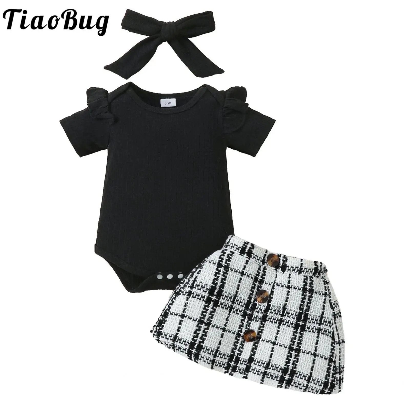 

Toddler Baby Girls Summer Clothes Ruffles Short Sleeve Rompers Plaid Skirt Headband Newborn Girl Birthday Party Wedding Outfits