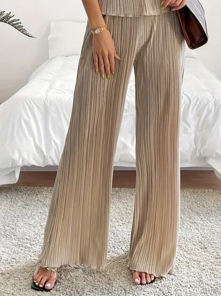 Fashion Women\'s Solid Color Pleated Elasticated Waist Straight Leg Casual Pants High Waist Loose Drap Trousers Women