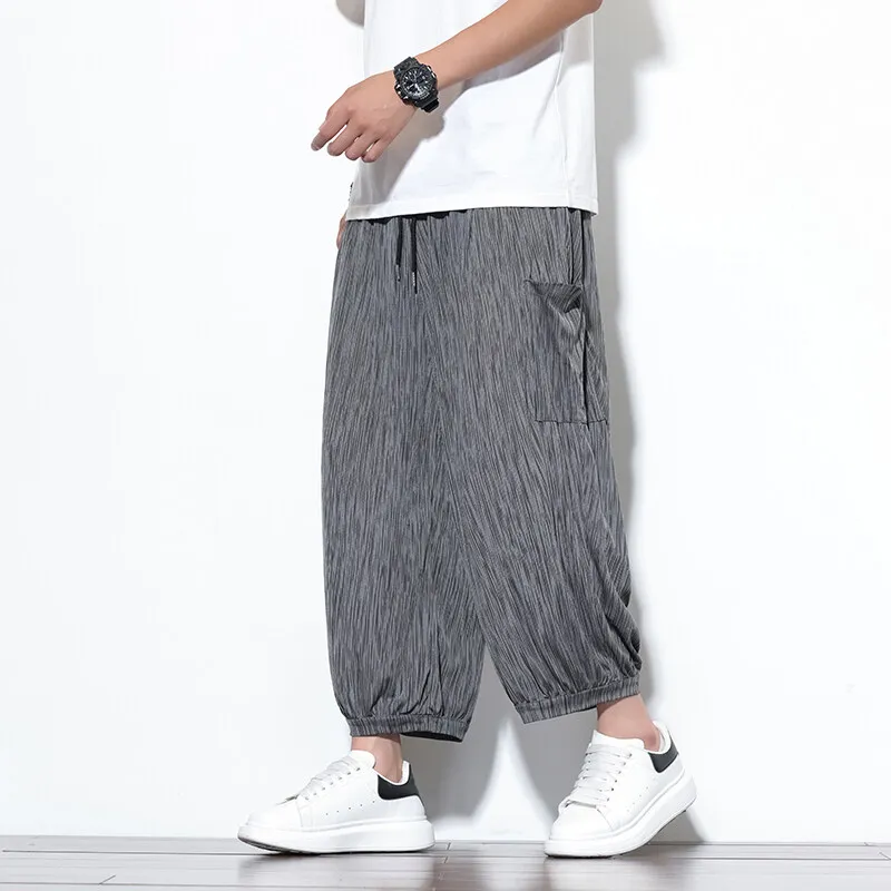 

Повседневные брюки из ледяного шелка, мужские большие китайские летние широкие мешковатые спортивные штаны длиной до икры, мужские спортивные шаровары на открытом воздухе