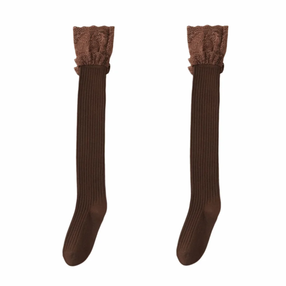 

Trendy Solid Color Women's Long Socks Breathable Lace Trim Knitted Stockings Thickened Comfortable Knee High Socks Boot Socks