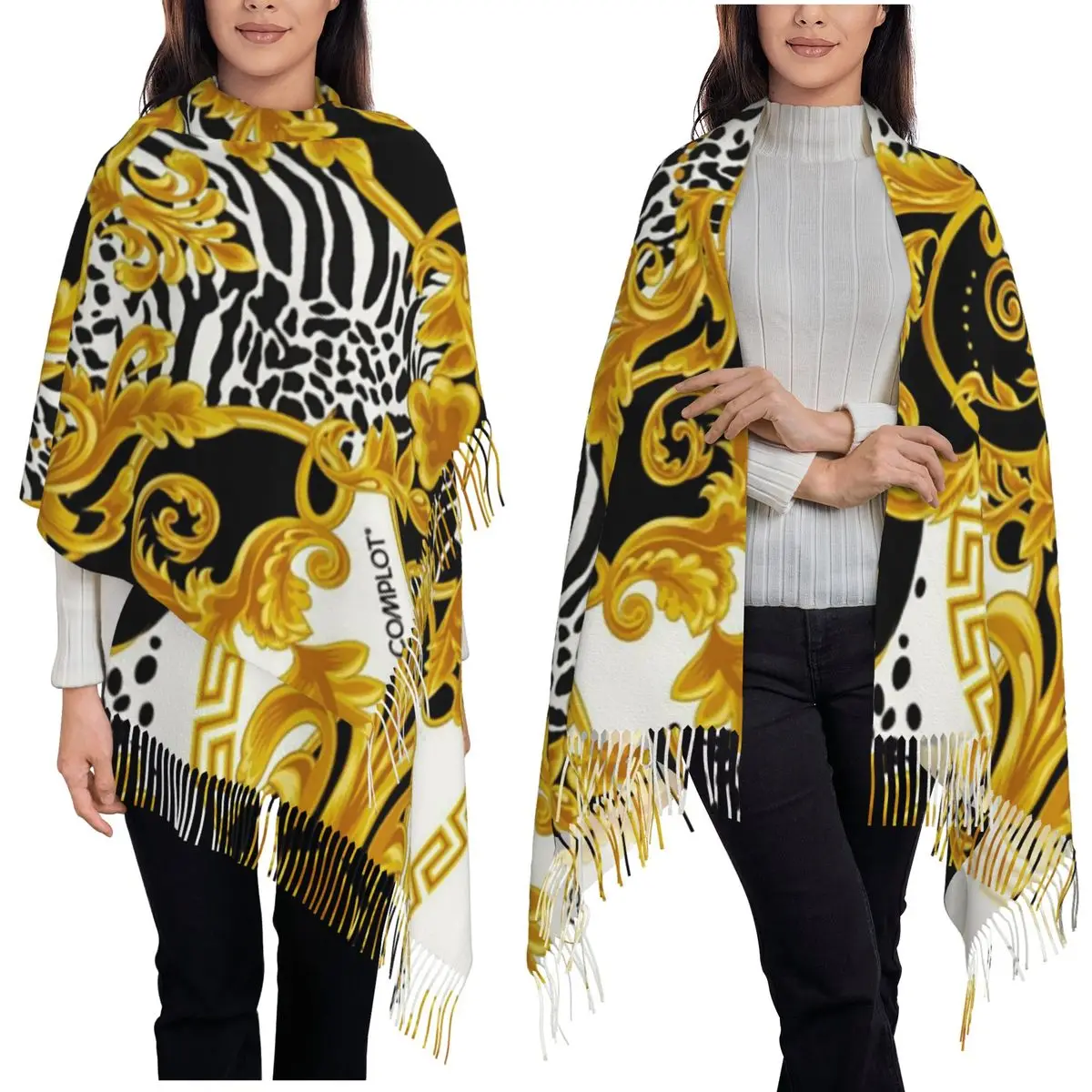 Q-Queen-S из абсолютного всего, золотой шарф в стиле барокко, шарфы с кисточками, женские теплые шали и накидки, большая осенне-зимняя шаль